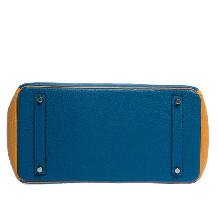 Pre Owned Hermes Blue Hydra/Jaune d'Or Clemence Leather Special Order Palladium Hardware Birkin 35 Bag