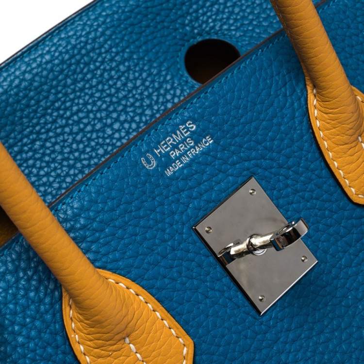 Pre Owned Hermes Blue Hydra/Jaune d'Or Clemence Leather Special Order Palladium Hardware Birkin 35 Bag