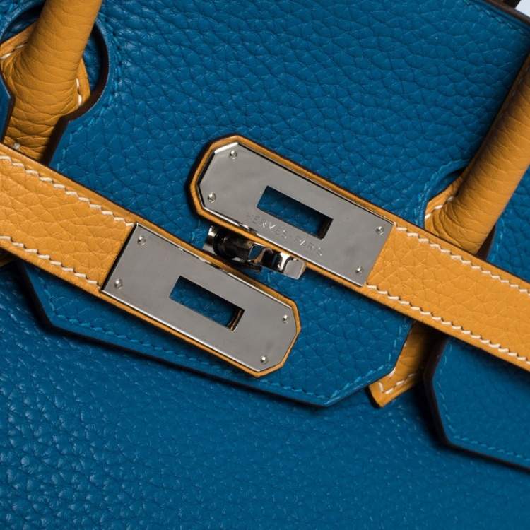 Pre Owned Hermes Blue Hydra/Jaune d'Or Clemence Leather Special Order Palladium Hardware Birkin 35 Bag