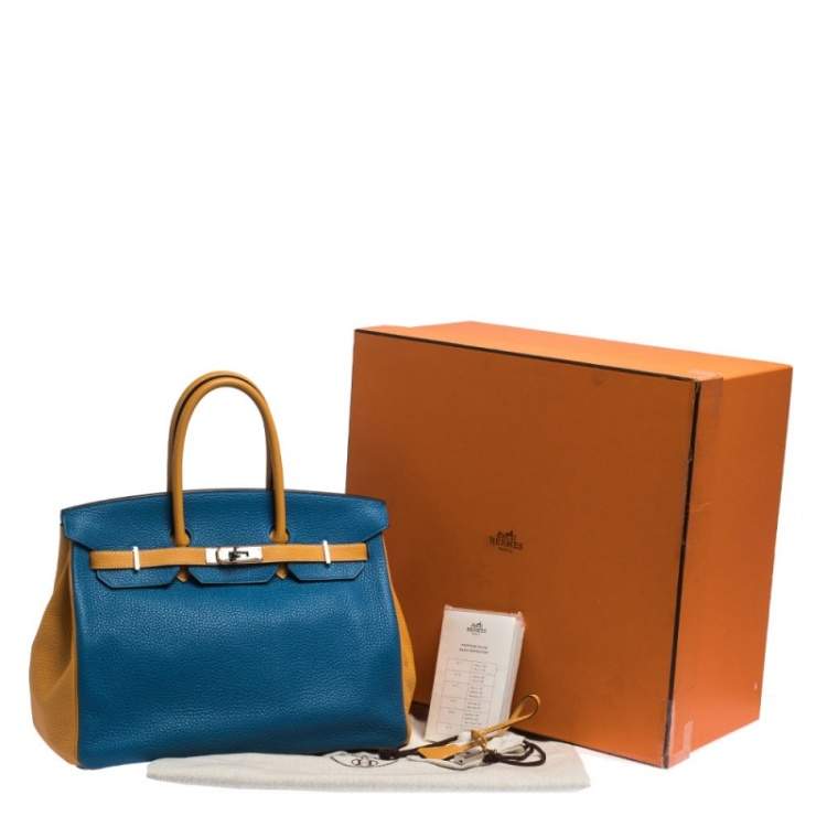 Pre Owned Hermes Blue Hydra/Jaune d'Or Clemence Leather Special Order Palladium Hardware Birkin 35 Bag