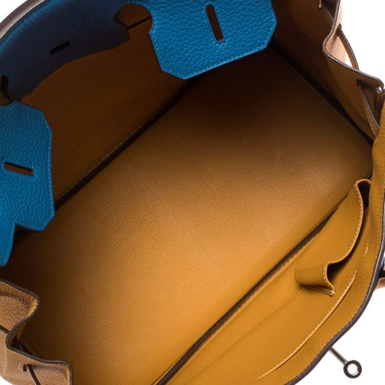 Pre Owned Hermes Blue Hydra/Jaune d'Or Clemence Leather Special Order Palladium Hardware Birkin 35 Bag