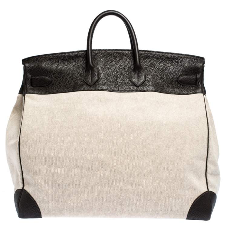 Pre Owned Hermes Beige Canvas and Ebene Clemence Leather Palladium Hardware HAC Birkin 50 Bag