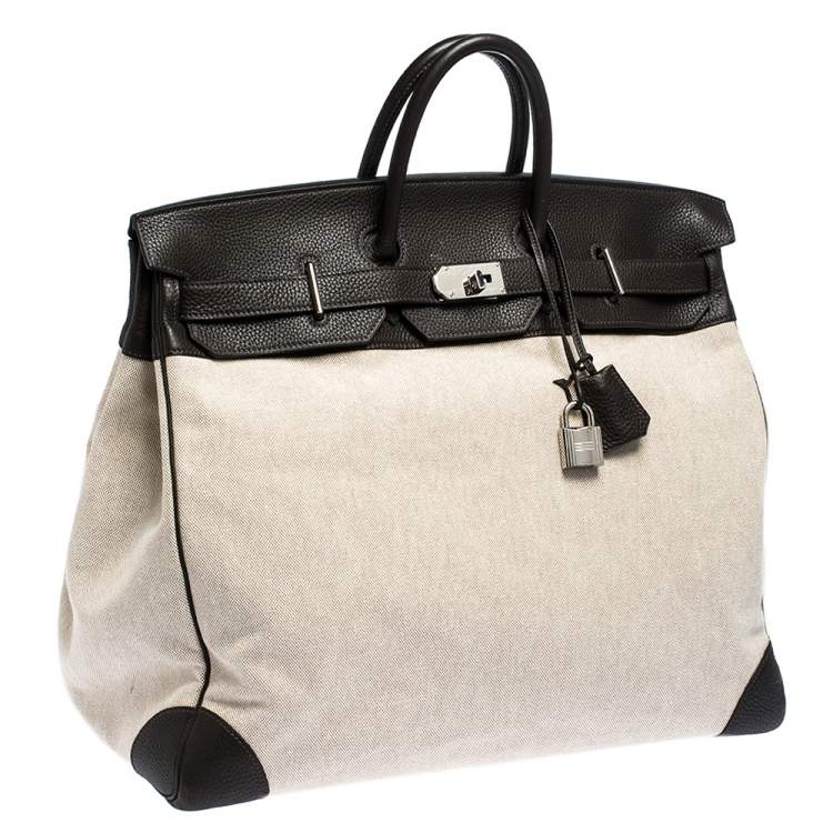 Pre Owned Hermes Beige Canvas and Ebene Clemence Leather Palladium Hardware HAC Birkin 50 Bag