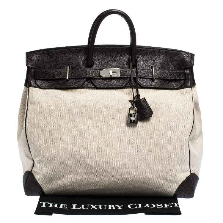 Pre Owned Hermes Beige Canvas and Ebene Clemence Leather Palladium Hardware HAC Birkin 50 Bag