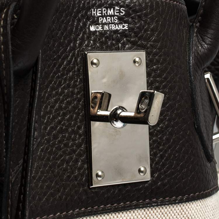 Pre Owned Hermes Beige Canvas and Ebene Clemence Leather Palladium Hardware HAC Birkin 50 Bag