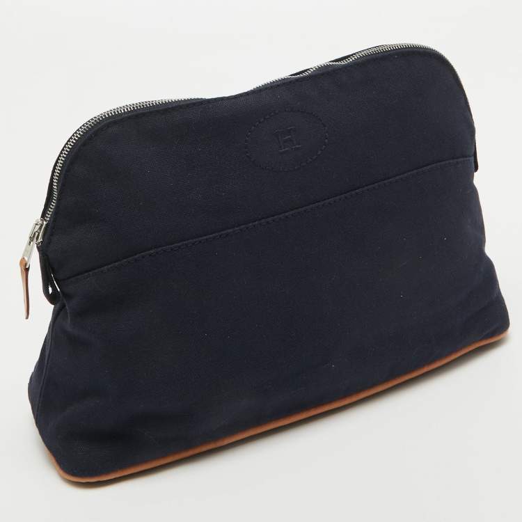 Pre Owned Hermes Navy Blue/Brown Canvas Medium Bolide Case