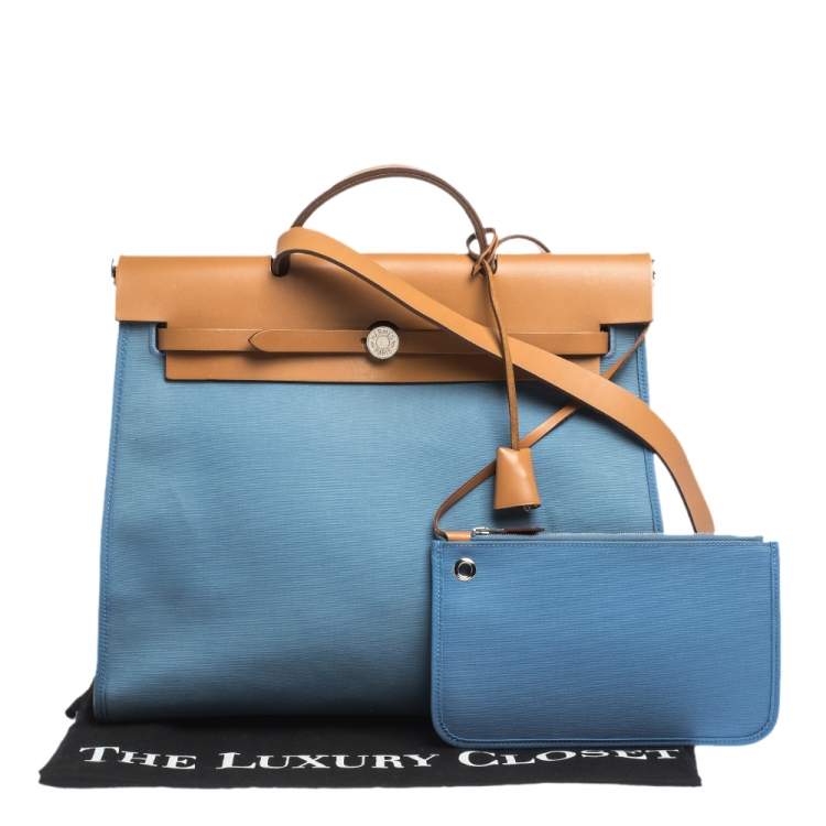 Pre Owned Hermes Natural/Blue Canvas and Leather Herbag Zip 39 Bag