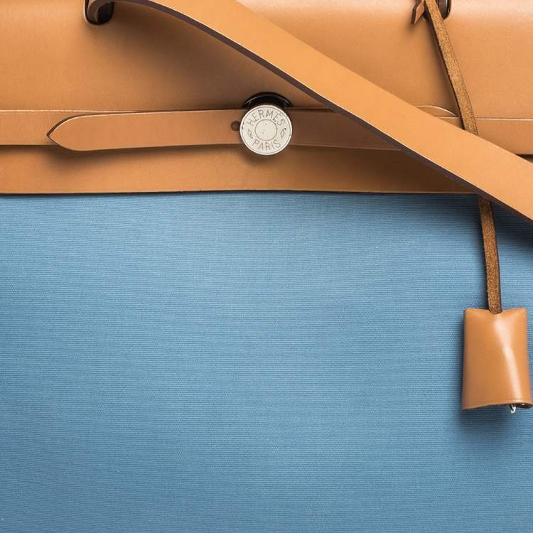 Pre Owned Hermes Natural/Blue Canvas and Leather Herbag Zip 39 Bag
