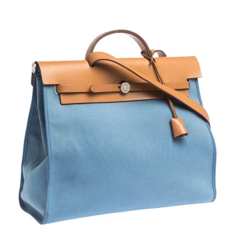 Pre Owned Hermes Natural/Blue Canvas and Leather Herbag Zip 39 Bag