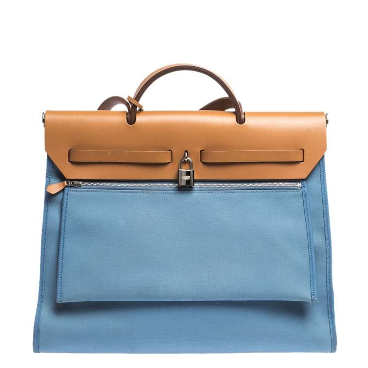 Pre Owned Hermes Natural/Blue Canvas and Leather Herbag Zip 39 Bag