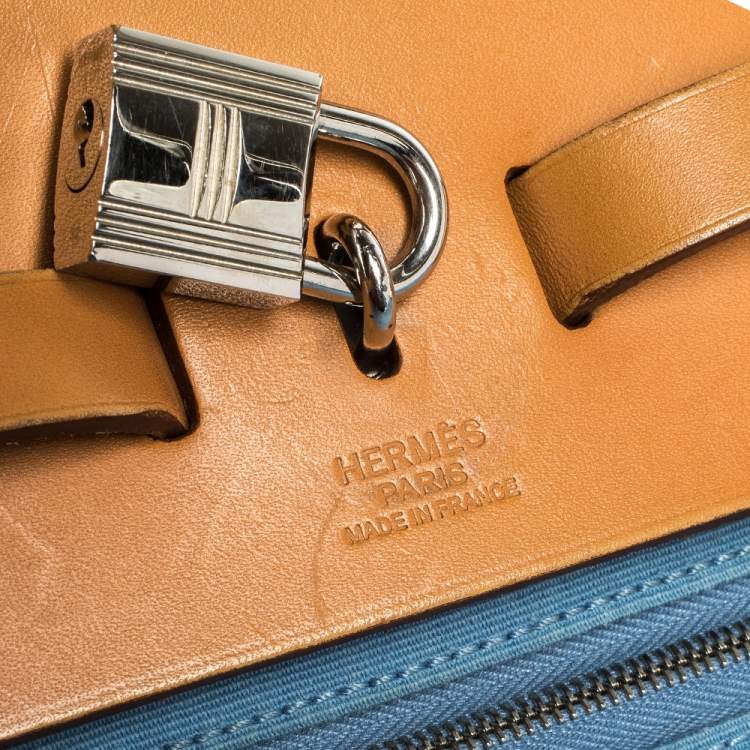 Pre Owned Hermes Natural/Blue Canvas and Leather Herbag Zip 39 Bag