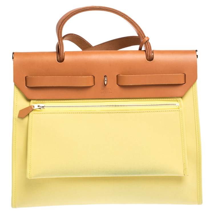 Pre Owned Hermes Natural/Soufre Canvas and Leather Herbag Zip 31 Bag