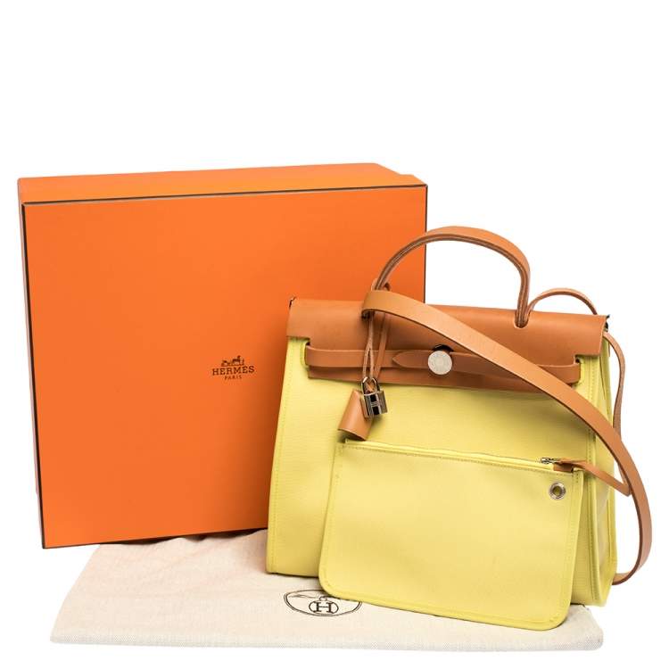 Pre Owned Hermes Natural/Soufre Canvas and Leather Herbag Zip 31 Bag