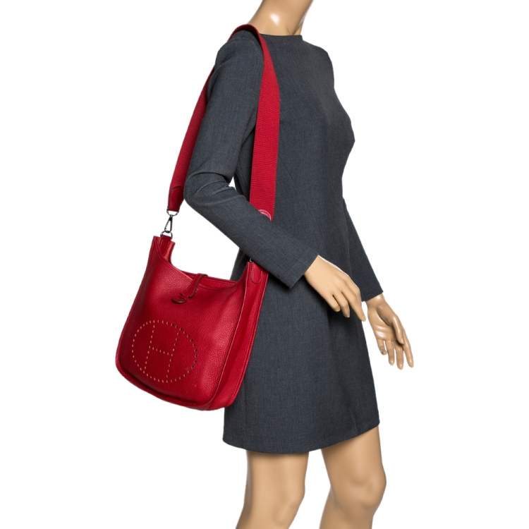 Lot - Hermes Rouge Red 'Evelyne PM' Leather Bag
