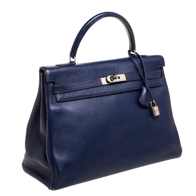 Pre Owned Hermes Blue Encre Clemence Leather Palladium Hardware Kelly Retourne 35 Bag