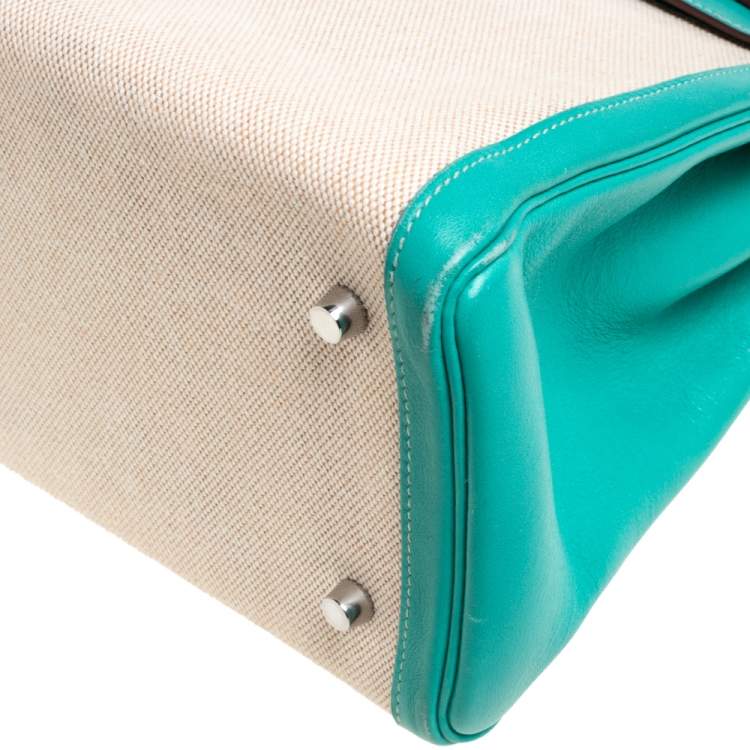 Pre Owned Hermes Lagon Toile and Swift Leather Palladium Hardware Kelly Retourne 35 Bag