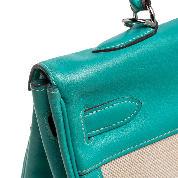 Pre Owned Hermes Lagon Toile and Swift Leather Palladium Hardware Kelly Retourne 35 Bag
