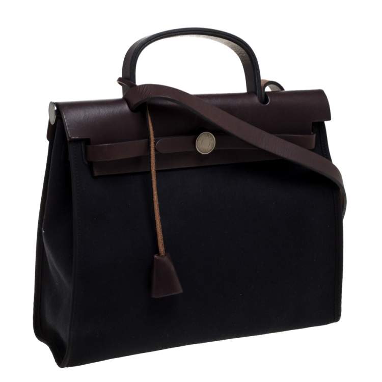 مملوكة مسبقًا Hermes Black/Brown Canvas and Leather Herbag Zip 31 Bag