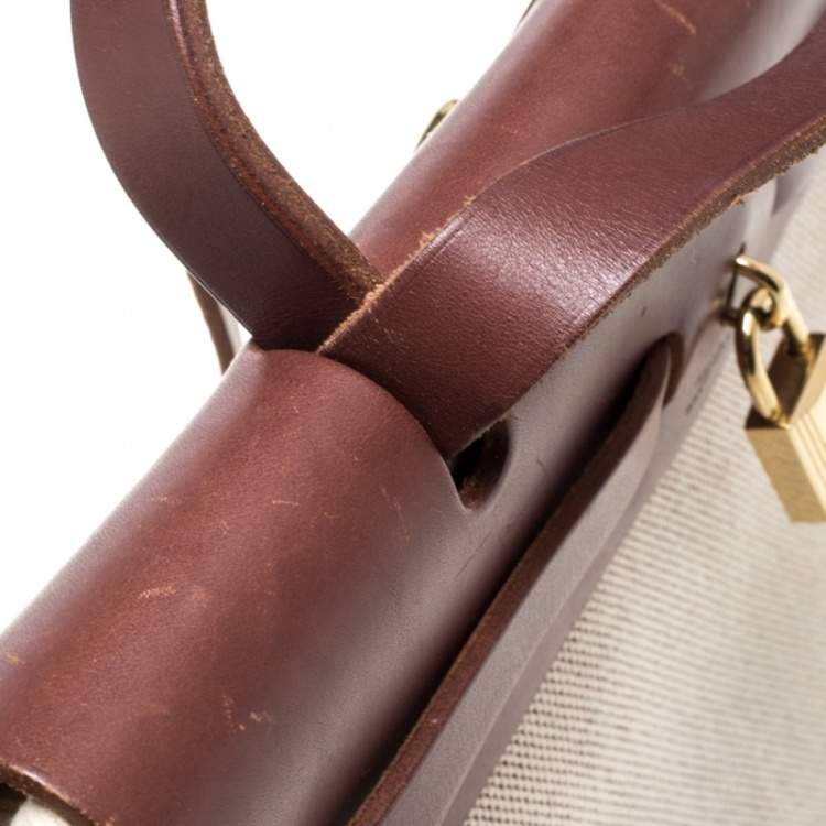 Pre Owned Hermes Chocolate Brown/Beige Toile and Leather Herbag 31 Bag