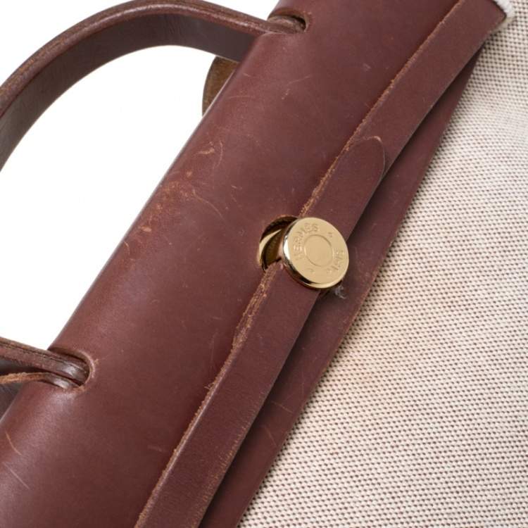 Pre Owned Hermes Chocolate Brown/Beige Toile and Leather Herbag 31 Bag