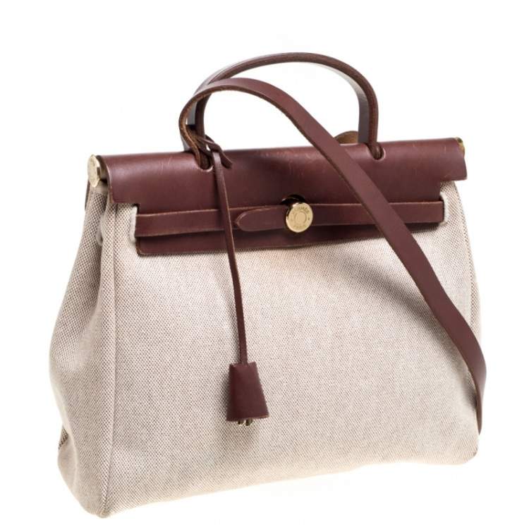 Pre Owned Hermes Chocolate Brown/Beige Toile and Leather Herbag 31 Bag