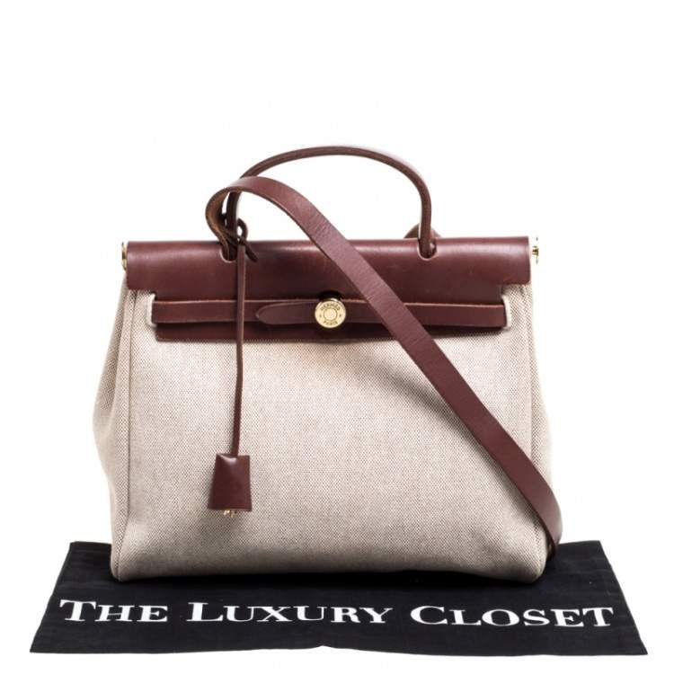 Pre Owned Hermes Chocolate Brown/Beige Toile and Leather Herbag 31 Bag