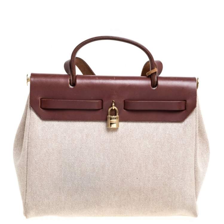 Pre Owned Hermes Chocolate Brown/Beige Toile and Leather Herbag 31 Bag