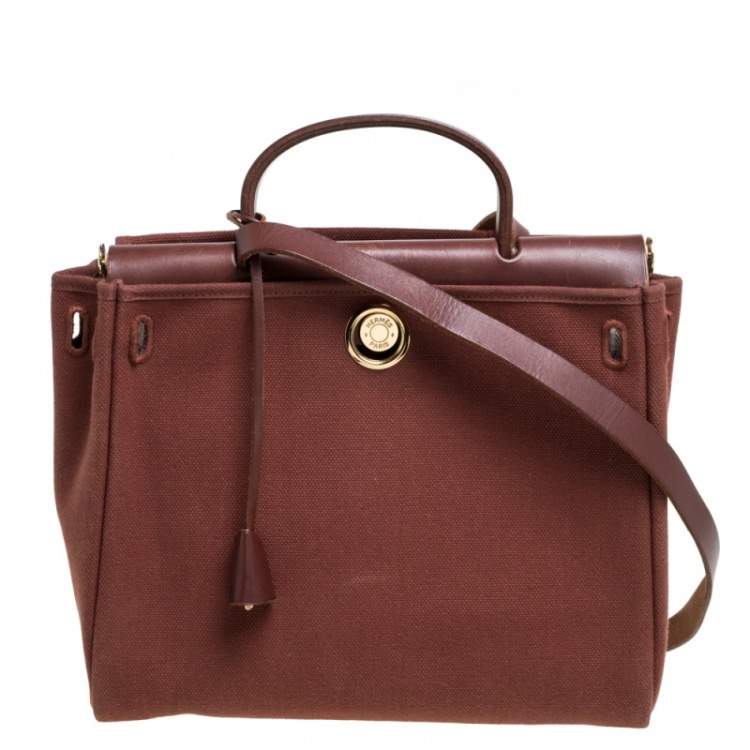 Pre Owned Hermes Chocolate Brown/Beige Toile and Leather Herbag 31 Bag