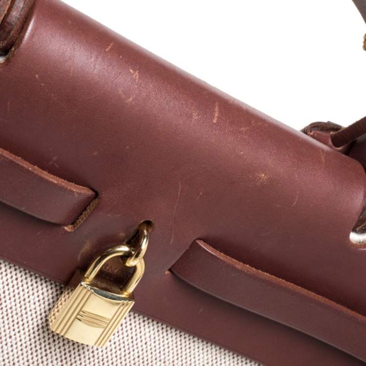 Pre Owned Hermes Chocolate Brown/Beige Toile and Leather Herbag 31 Bag