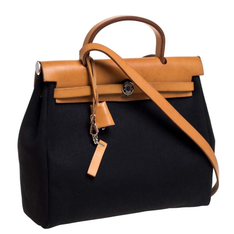 Pre Owned  Hermès Black/Natural Canvas and Leather Herbag Zip 31 Bag