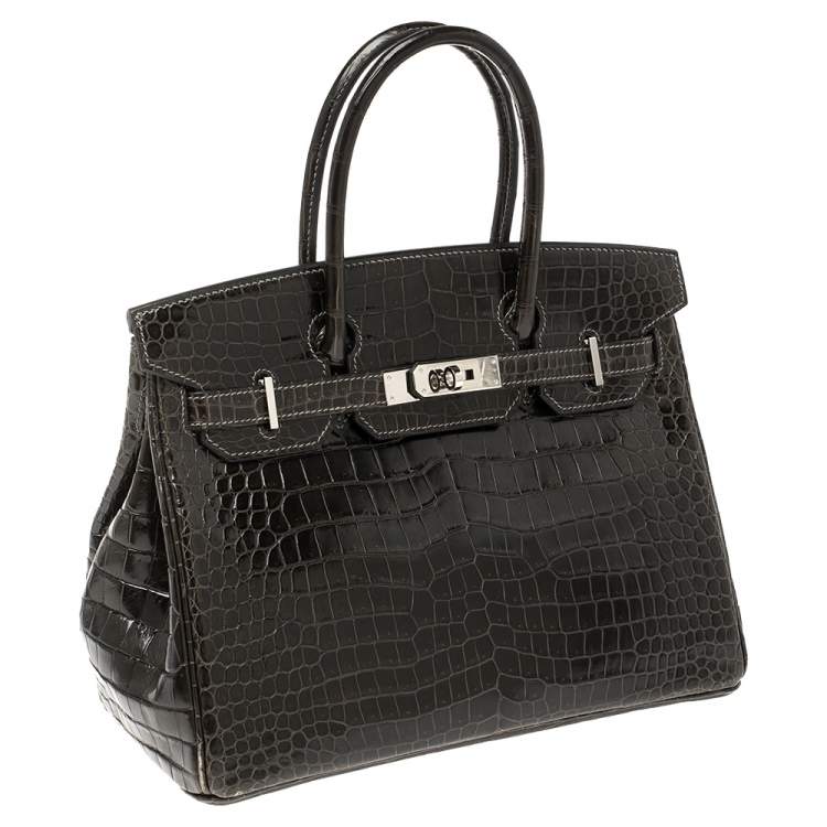 Pre Owned Hermes Ardoise Shiny Porosus Crocodile Palladium Hardware Birkin 30 Bag