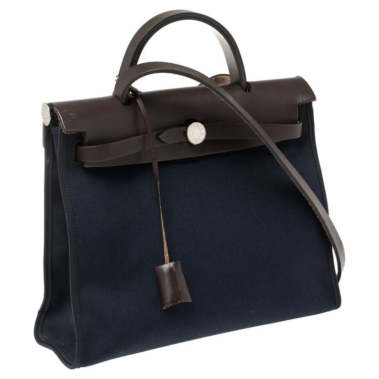Pre Owned Hermes Navy Blue/Brown Canvas and Leather Herbag Zip 31 Bag