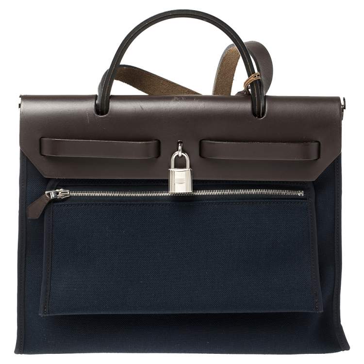 Pre Owned Hermes Navy Blue/Brown Canvas and Leather Herbag Zip 31 Bag