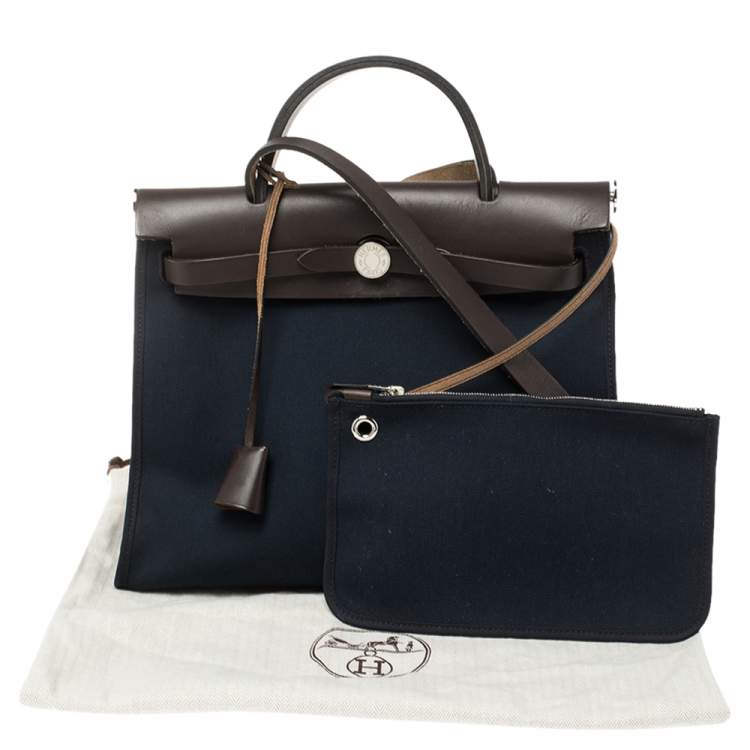 Pre Owned Hermes Navy Blue/Brown Canvas and Leather Herbag Zip 31 Bag