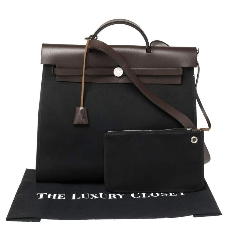 Pre Owned Hermes Black/Cacao Canvas and Leather Herbag Zip 39 Bag