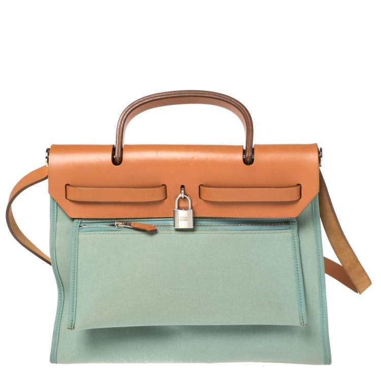 Pre Owned Hermes Barenia/Ciel Canvas And Leather Herbag Zip 31 Bag