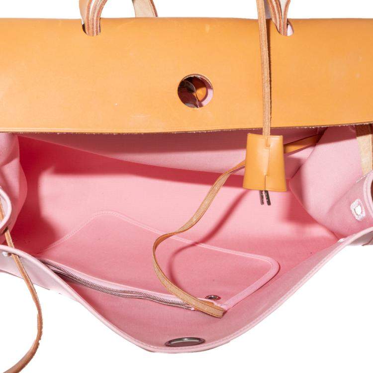 Pre Owned Hermes Pink & Brown Canvas & Leather Herbag 39 Bag