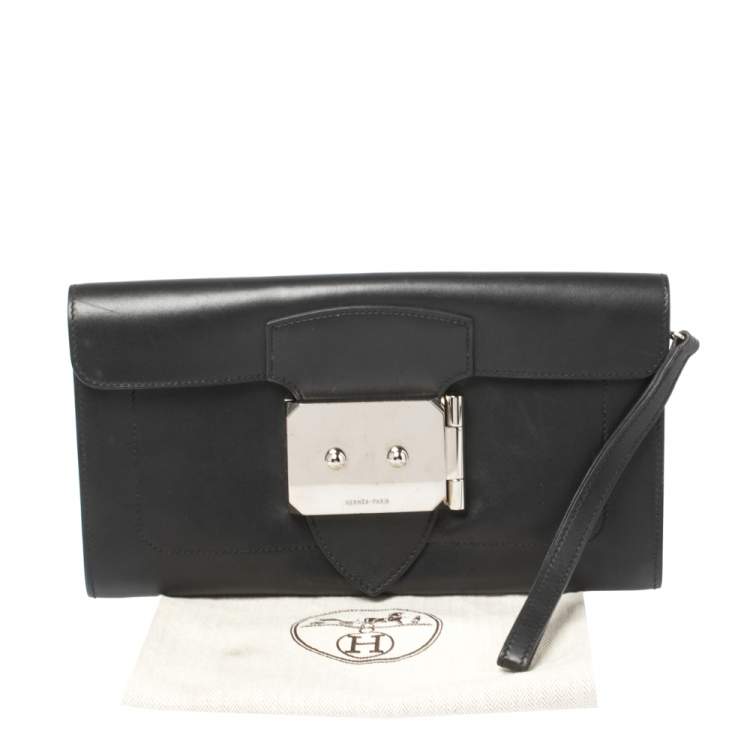 Pre Owned Hermes Black Leather Palladium Hardware Goodlock Clutch