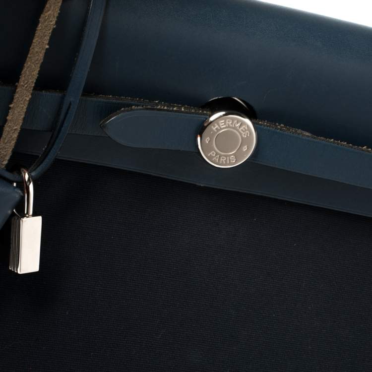 Pre Owned Hermes Blue Marine/Saphir Canvas and Leather Herbag Zip 31 Bag