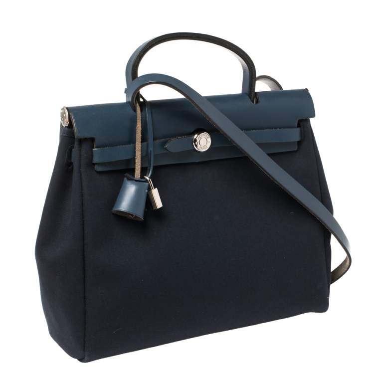 Pre Owned Hermes Blue Marine/Saphir Canvas and Leather Herbag Zip 31 Bag