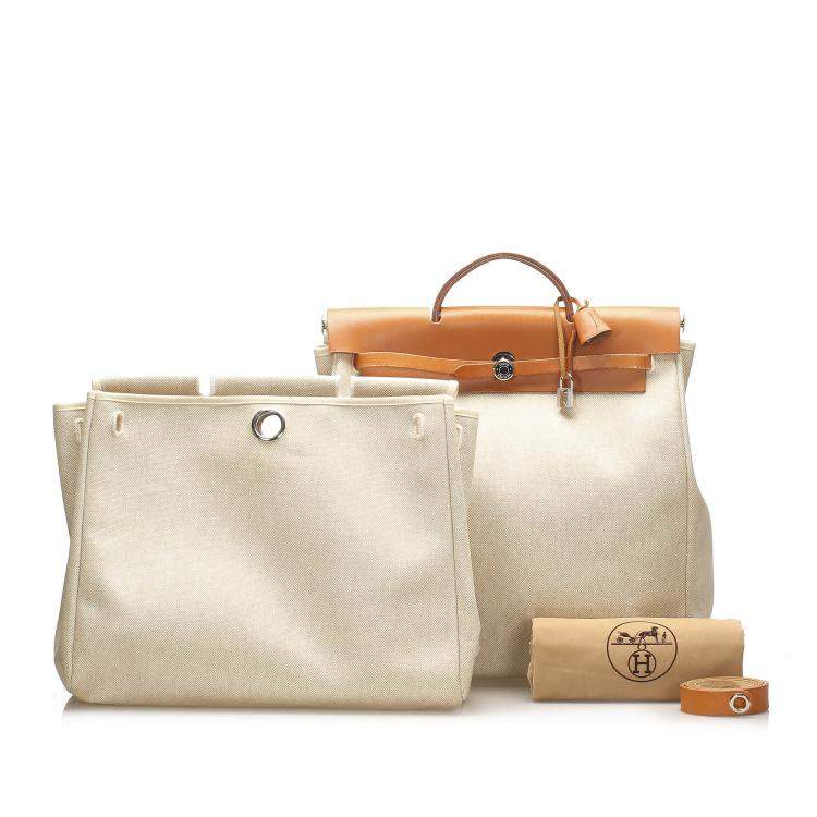 Pre Owned Hermes Cream/Brown Toile Canvas Herbag GM Bag