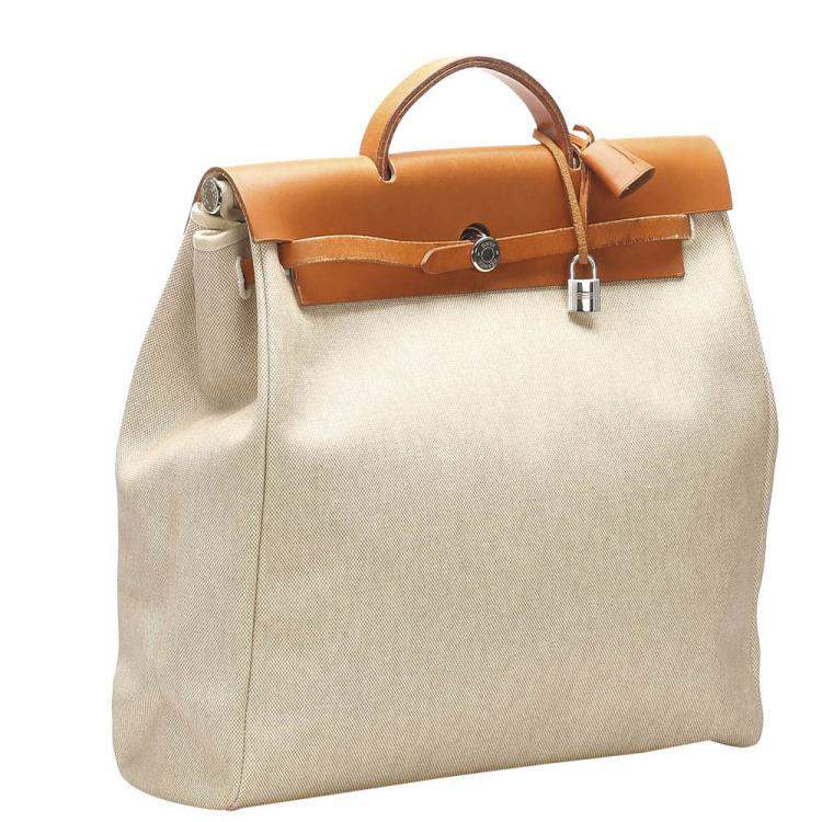 Pre Owned Hermes Cream/Brown Toile Canvas Herbag GM Bag