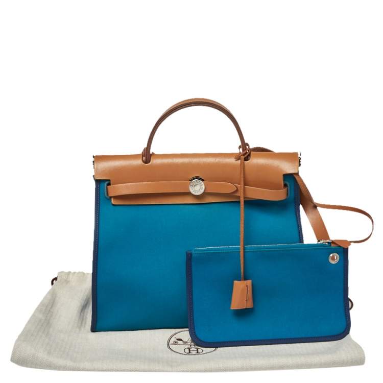 Pre Owned Hermes Bleu Izmir/Natural Canvas And Leather Herbag Zip 31 Bag