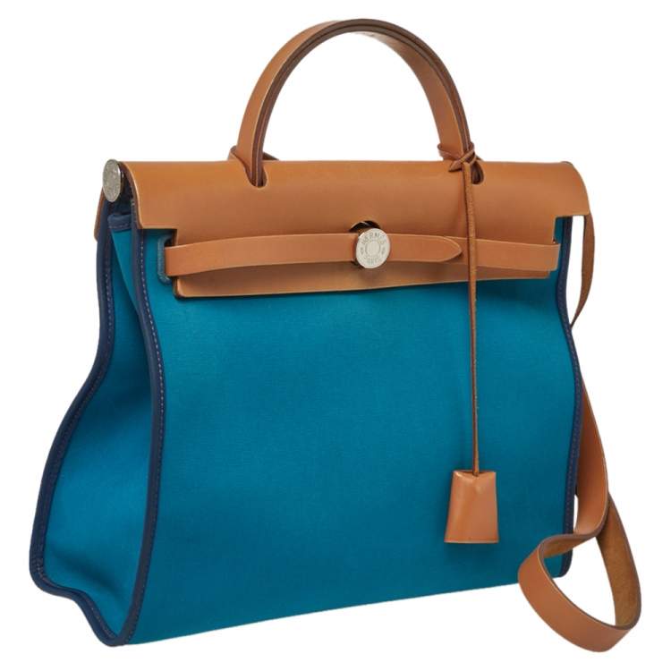 Pre Owned Hermes Bleu Izmir/Natural Canvas And Leather Herbag Zip 31 Bag