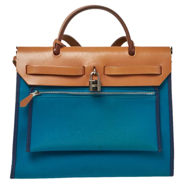 Pre Owned Hermes Bleu Izmir/Natural Canvas And Leather Herbag Zip 31 Bag