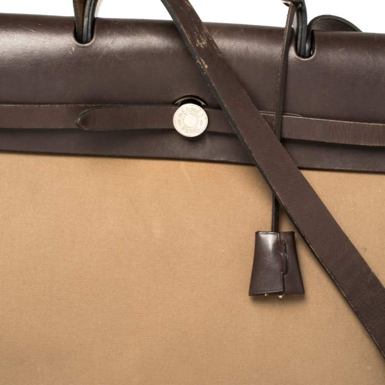 Pre Owned Hermes Etoupe/Ebene Canvas and Leather Herbag Zip 39 Bag