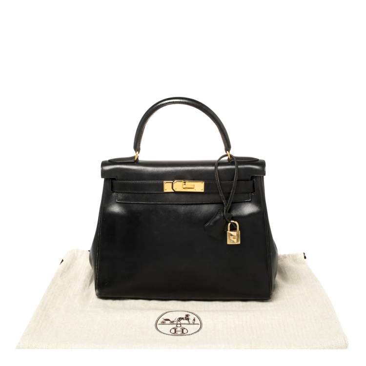 Pre Owned Hermes Black Box Calf Leather Gold Hardware Kelly Retourne 28 Bag