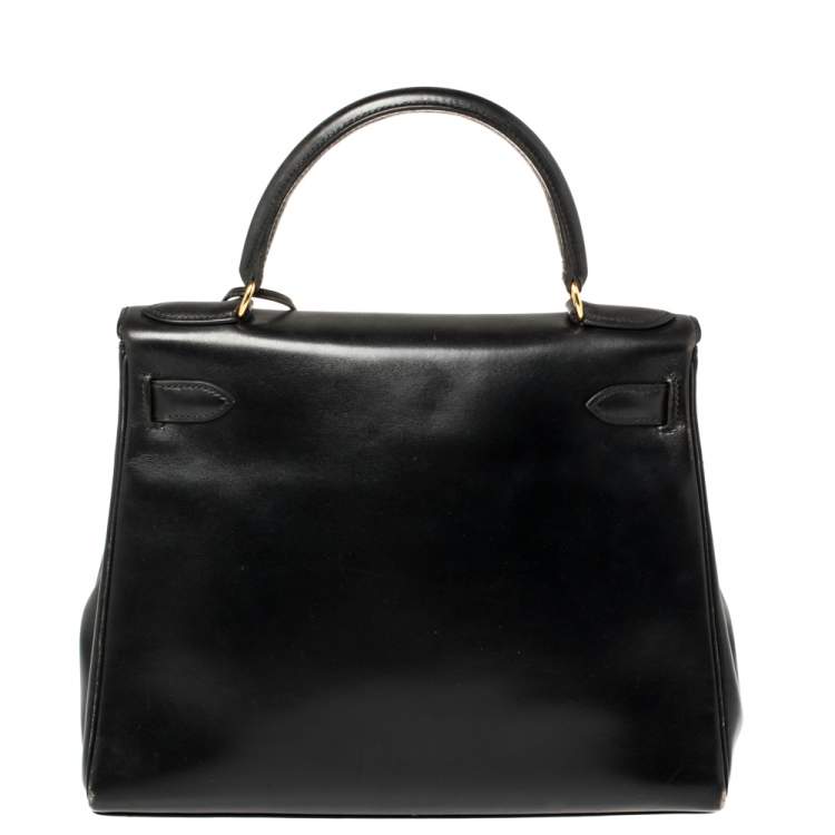 Pre Owned Hermes Black Box Calf Leather Gold Hardware Kelly Retourne 28 Bag