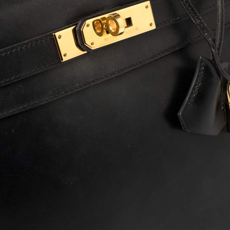 Pre Owned Hermes Black Box Calf Leather Gold Hardware Kelly Retourne 28 Bag