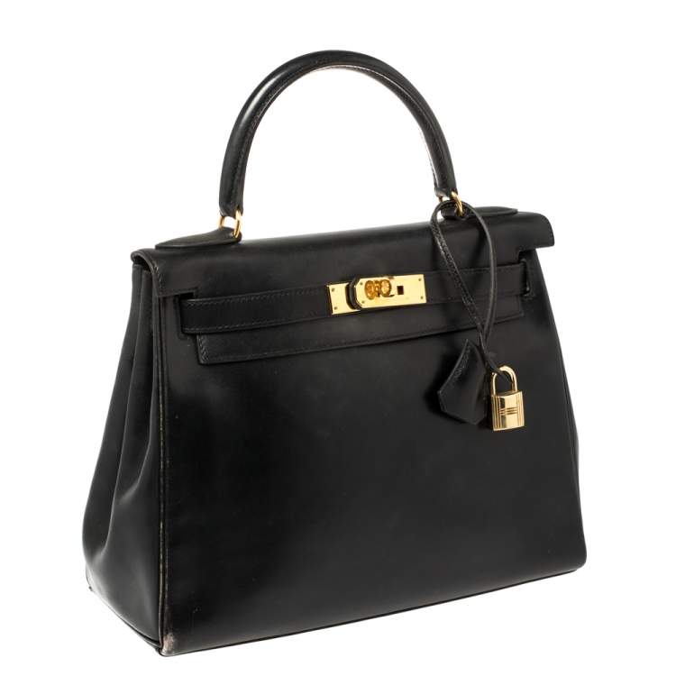 Pre Owned Hermes Black Box Calf Leather Gold Hardware Kelly Retourne 28 Bag